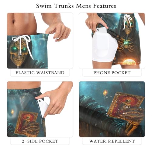 Mens Swim Trunks with Liner, Skeleton Witch Card Cool Quick Dry Beach Swim Shorts, Swimwear Bathing Suits S3
