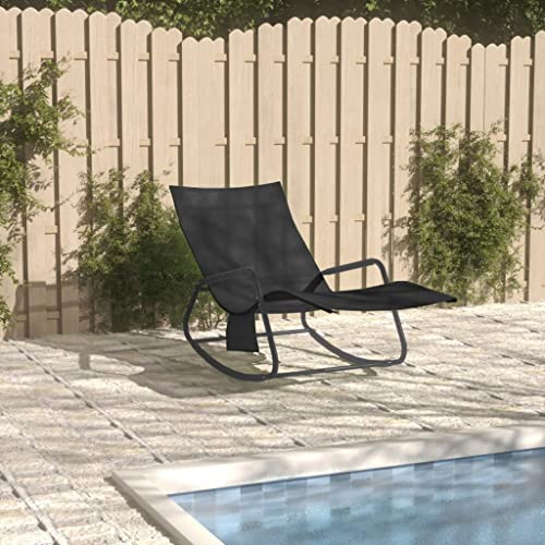 Tumbona de Exterior, Hamaca de Jardín con Estructura de Acero y Textilene Negro, Reclinable con Soporte Lateral para Móvil, Resistentente a la Intemperie,Playa o Camping,Negro, 145 x 57 x 83 cm