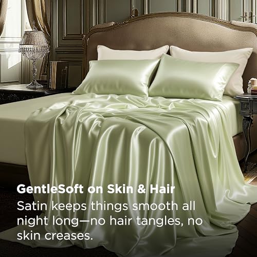 Image of Bedsure Green Satin Sheets King Size, Soft Silky Bedsheets for Hair & Skin | Similar to Silk Bed Sheets Set 4 Piece with 15 Inches Deep Pocket Fitted Sheet,1 Flat Sheet, 2 Satin Pillowcases