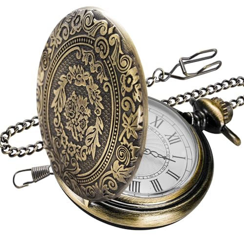 QEEROYO Vintage Taschenuhr Vintage Taschenuhr mit Kette Retro Quarz Mit Kette für Männer Frauen Vater Opa Geburtstag Jahrestag Vintage Skulptur Stil