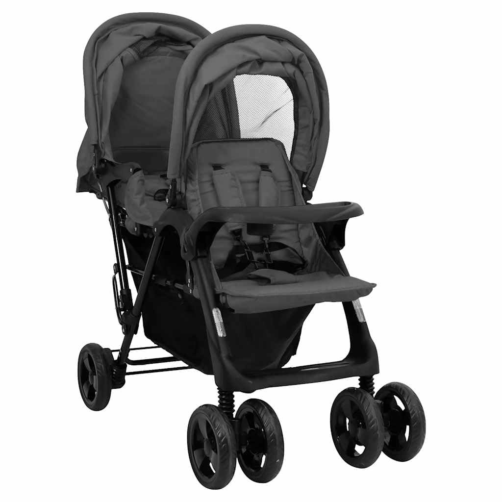 vidaXL Passeggino Gemellare a Tandem Grigio Scuro in Acciaio