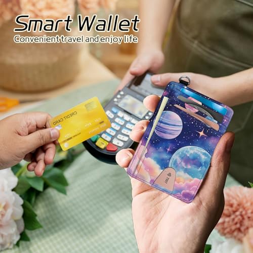 Image of Small Travel Wallets, Pink Starry Planets Slim Minimalist Front Pocket Wallet with Wristlet, RFID Blocking PU Leather Credit Card Holder with ID Window Change Purse for Men Women