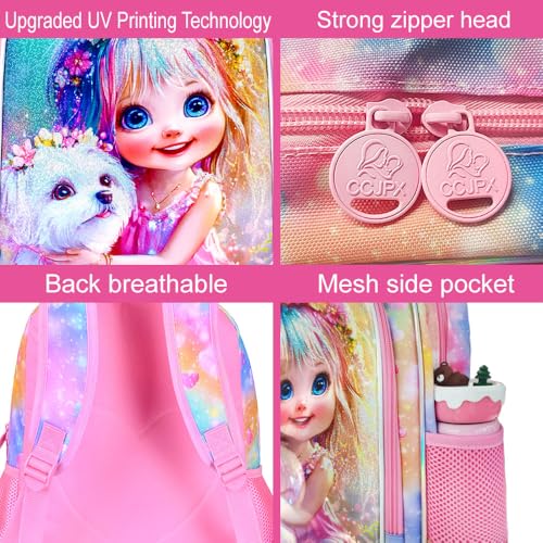Image of 3Pcs Dog Backpack for Girls, 16 inch Kids Bookbag with Lunch Box，School Backpacks for Elementary Preschool Kindergarten (Pink)