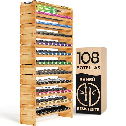Nutrichef botellero Vino Madera, Wine Rack, Vinoteca, Vinera, Apilable, para 108 Botellas, 12 Niveles, Bambu, Vertical, Modular para Cocina y Bodega