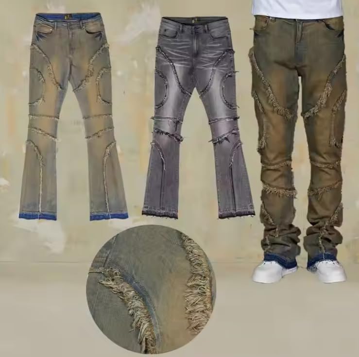 Men's Loose-Waist Denim Jeans with Frayed Edges and Layered Legs, Casual and Retro Men's Denim Pants2