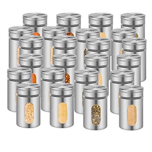 Randaco Gewürzgläser , 24 Stück Gewürzstreuer Set mit Schraubkappe Silber Glas Edelstahl Set 80ml, Glas Gewürzdosen mit Sichtfenster, 3 Streugrößen zur Aufbewahrung von Salz Pfeffer Kräuter Cover