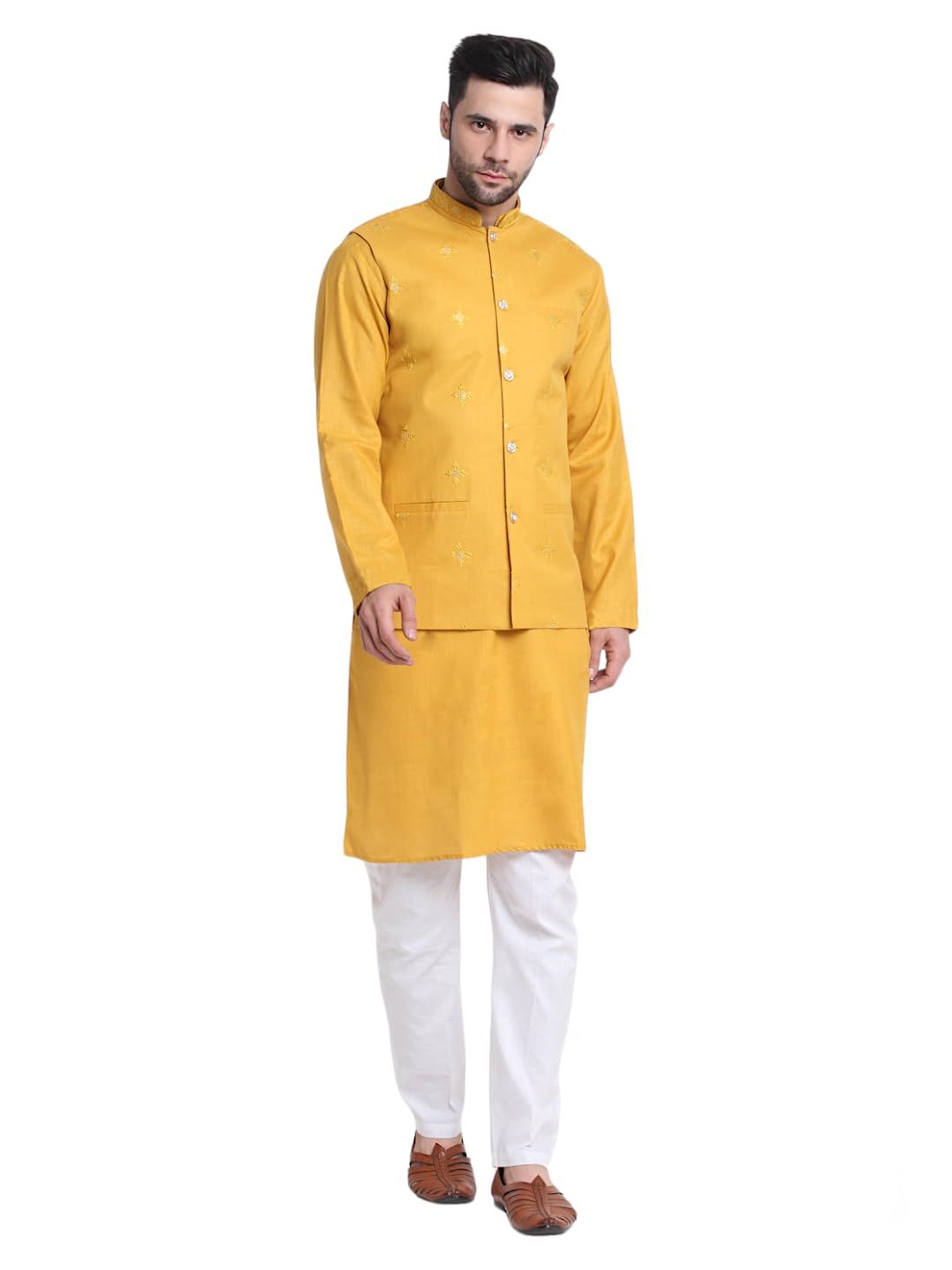 kraft india Men's Cotton Blend Solid Kurta and White Elastic Waistband Pyjama With Cotton Embroided Sequenced Nehru Jacket-picture-23