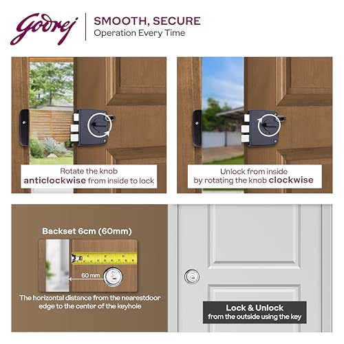 Image of Godrej Tribolt Compact 1CK LB | for Inside /Outside Opening Wooden Doors | 60mm Backset | Reversible Latch | 3 Keys | Puller Ring Anti-Lockout | Textured Black Finish | 5 Year Warranty