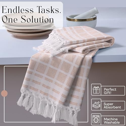 Image of Matrix Dobby Kitchen Towels Set of 12, 100% Cotton, Combo Pack, 16 inchx26 inch, Absorbent Tea Towels with Handmade Tassels, Reusable Cleaning Cloths - Beige, Forest Green, Grey