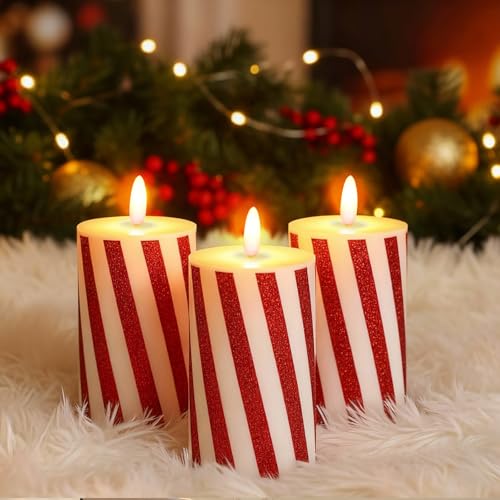 Image of Baquler 3 Pcs Christmas Flameless Candles Pastel Candy Cane LED Pillar Candle Peppermint Glitter Red and White Battery Operated Candlestick for Xmas Party Holiday Table Home Decoration(Thick Stripe)