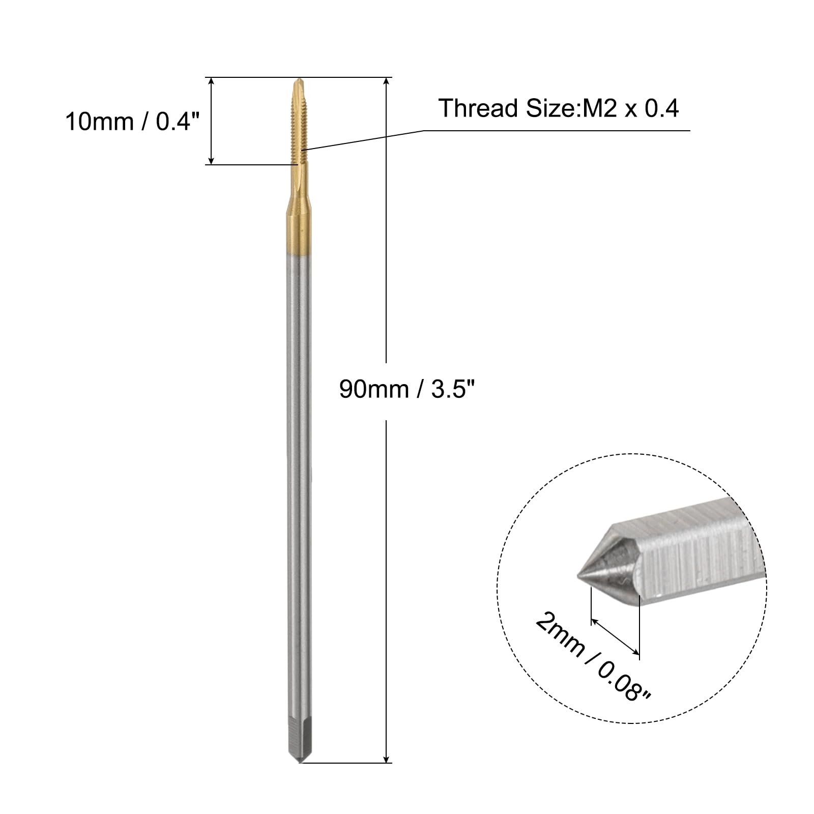 sourcing map Taraud à filetage métrique M2 x 0,4 H2 à pointe hélicoïdale, 90 mm, outil de taraudage extra long, outil de taraudage en acier 6542 avec revêtement en titane
