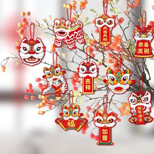 Elevizzle Chinese New Year Dragon Ornaments 10 Piece Hanging Lucky Character Pendants Festive Decorations for Home Office Tree Window Car