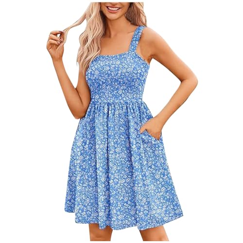 Image of Women's Summer Dresses High Waisted A Line Dress Cute Swing Sundress Square Neck Strappy Casual Dress with Pocket Sleeveless Beach Party Dress Ladies Beach Boho Floral Printed Holiday Dress Mini Dress