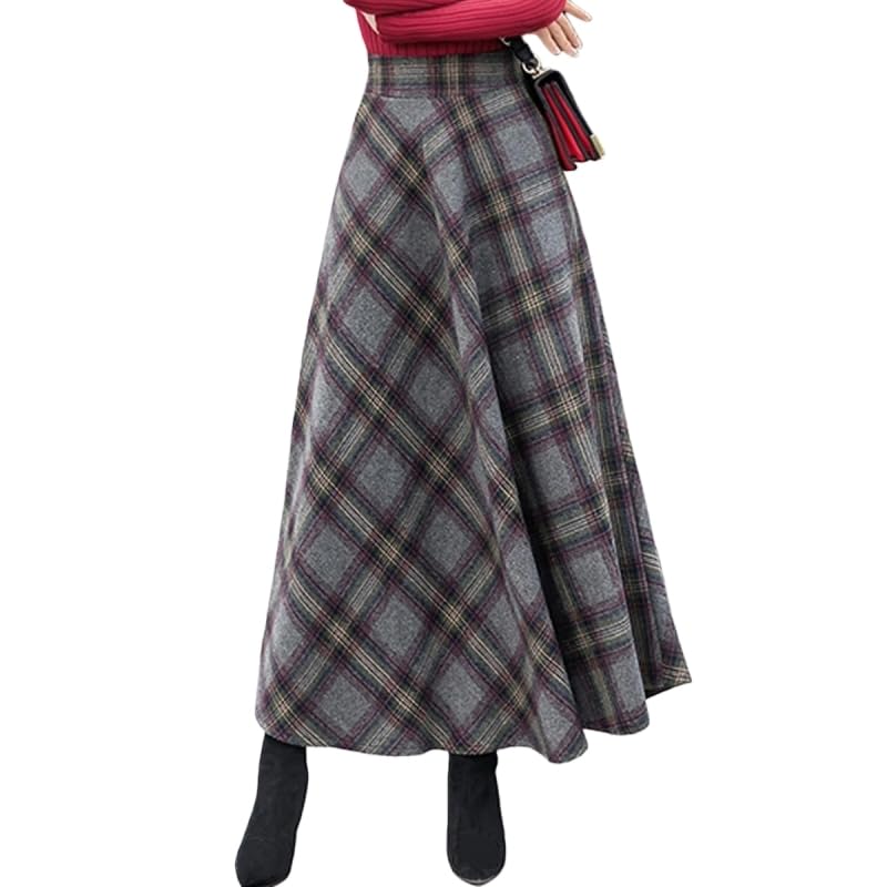 KIJSKKOPO Damen Langer Karierter Wollrock mit Falten, Dunkelblau, Elastischer Hoher Bund, A Linie, Langer Ausgestellter Swing Rock, Lässig Eleganter...