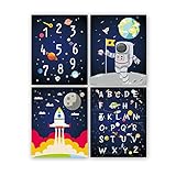 KAIRNE 4er Set Kinderzimmer Bilder,Kinder Wandbild Weltraum,Astronaut Rakete poster,Planeten Poster Jungenzimmer,Alphabet ABC Poster Kunst Kinderposter für Jungen Schlafzimmer Babyzimmer Deko Geschenk