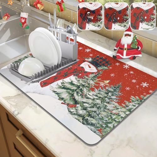 LOKHOM Christmas Dish Drying Mat for Kitchen Counter, 12"x20" Absorbent Snowman Drying Mat with Cardinal Birds Tree, Winter Merry Christmas Dish Rack Mat for Kitchen Counter Coffee Maker Decoration