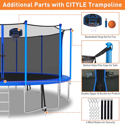 1500LBS 8 10 12 14 15 16 FT Tranpoline for Adults/Kids with Safety Enclosure Net, Basketball Hoop, Ball, Wind Stakes and Ladder, Heavy Duty Outdoor Recreational Tranpolines for Family