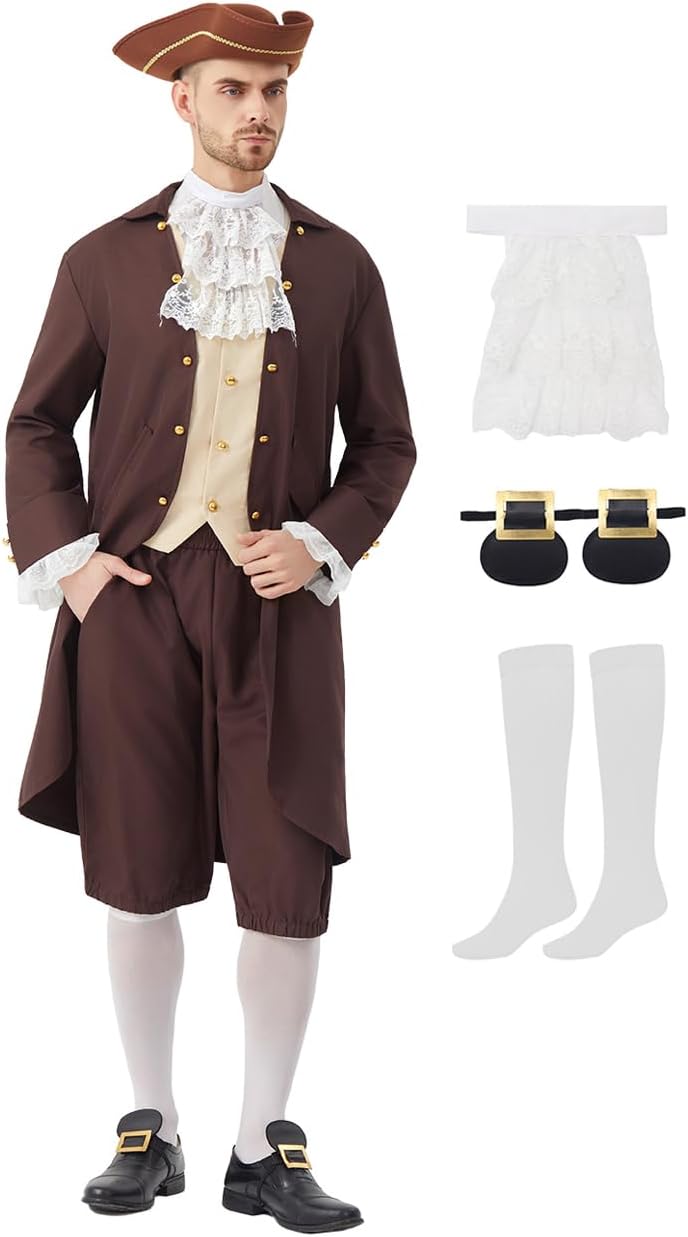 Colonial Costume Men 5PCS 18th Century America Founding Father Costume Adult Colonial Uniform Cosplay Patriot Outfit