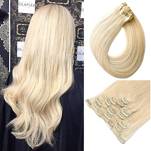 Clip in Real Human Hair Extensions Clip on Remy Hair Extensions for Black White Women Double Weft Full Head Glueless Natural Soft Silky Straight Long 70g 7pcs 16 Clips #60 Platinum Blonde 18 Inch