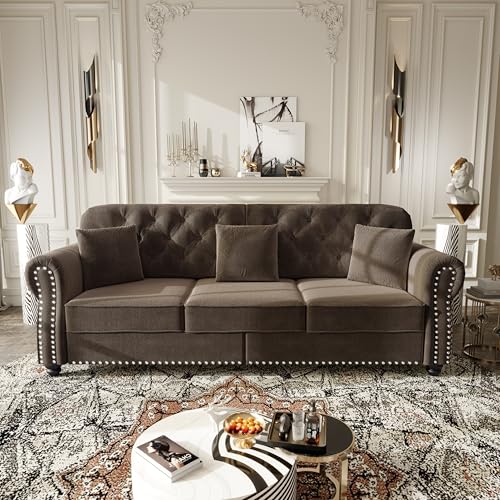 Image of KEIKI 2-Piece Chesterfield Sofa Set with 1 Velvet 3-Seater Sofa & 1 Loveseat Sofa, Upholstered 5-Seater Couch Set with Nailhead Trim & Rolled Arms & 1 Ottoman & 5 Pillow, for Living Room, Brown
