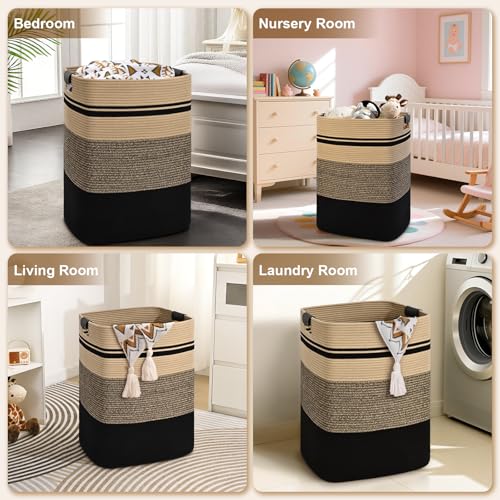 Image of Laundry Hamper, 75L Tall Laundry Basket with Leather Handles, Rectangle Large Clothes Hamper for Organizing, Cotton Woven Laundry Baskets Storage Hampers for Bedroom, Nursery, Living Room