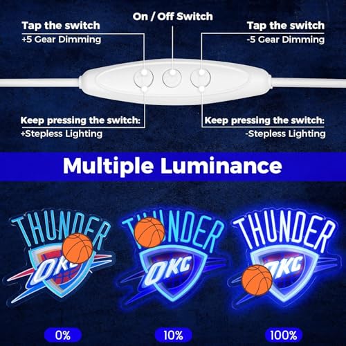 Image of Basketball Team Neon Sign, Sport Light Up Dimmable OKC City Basketball Team Logo Hanging USB Powered Led Neon Sign for Wall Decor, Bedroom, Man Cave, Party, Birthday Party Christmas Merch Deco Gift for OKC Boys Teens Fans