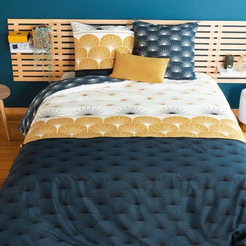 CÔTE DECO Parure de Lit 220x240 Adulte Microfibre - Housse de Couette 220x240 cm + 2 Taies d'oreiller 63x63 cm Motif Imprimé Réversible Géométrique Bleu...