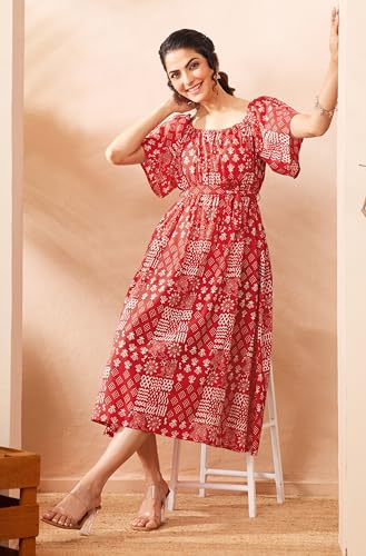 Image of Janasya Women's Red Pure Cotton Geometric Printed A-Line Dress