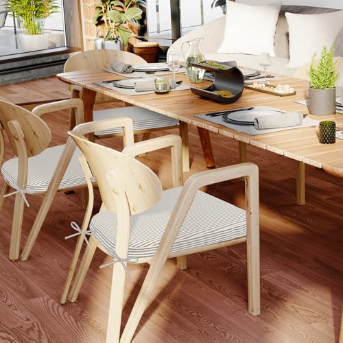 Image of AAAAAcessories D-Shaped Chair Cushions, 2 inch Thick Dining Chair Pads with Ties and Removable, Machine-Washable Cover, 17 inch x 16 inch, Set of 2, Natural Sand Pinstripe