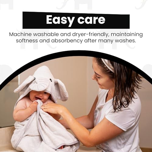 Image of Premium Baby Towel for Bath with Hood, Extra Soft, Silky Smooth Fabric, Made from Viscose derived from bamboo and cotton Extra Large Absorbent, Hypoallergenic, Machine Washable, Elephant