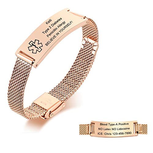Personalized Medical Alert Bracelets for Men Women, Free Engraving Adjustable Stainless Steel Mesh...