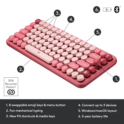 Image of Logitech POP Keys Wireless Mechanical Keyboard with Emoji Keys - Rose | Customizable emoji keys, durable compact design, Bluetooth or USB connectivity, multi-device, multi-OS compatible