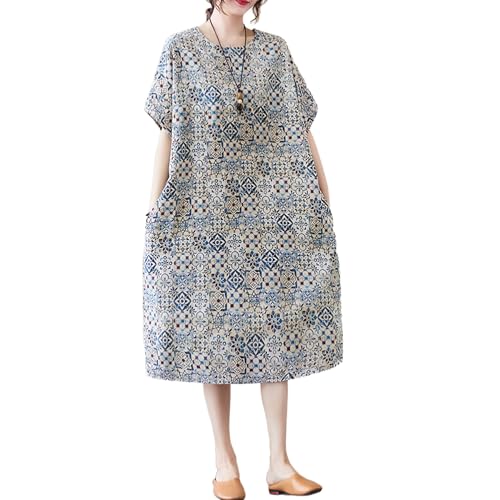 Image of LUZU JUNU Women's Summer Baggy Plus Size Loose Cotton Linen Long Boho Beach Dress with Pockets