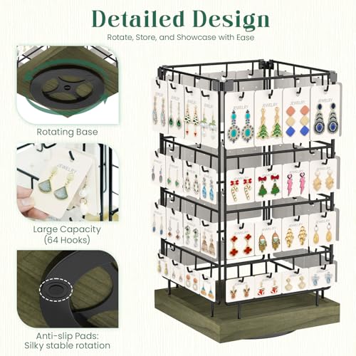 Image of EsLuker.ly Rotating Earring Display Holder Stand for Vendors Events Selling, Large Capacity 64 Hooks Jewelry Rack with Wooden Base for Earring Card Sales, Enhances Retail Visibility(Rustic Gray)