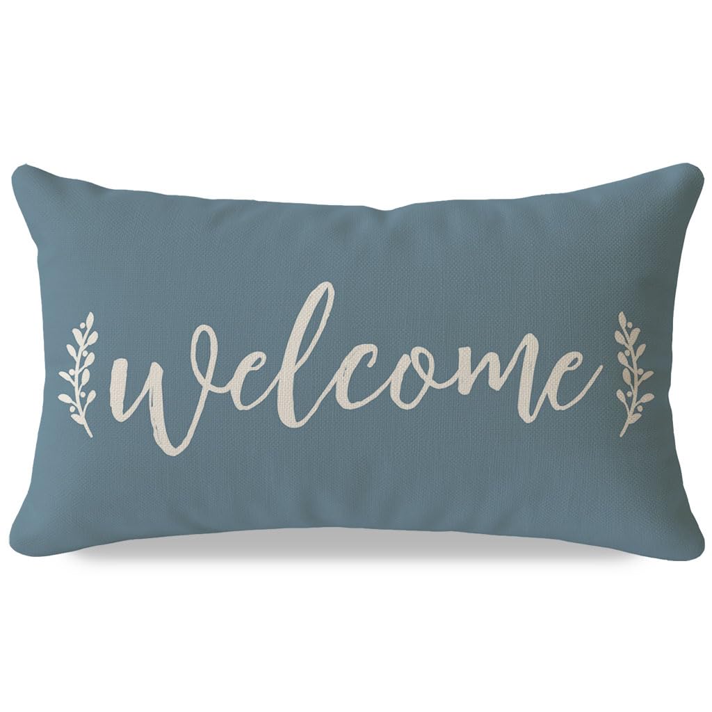 PANDICORN Farmhouse Welcome Throw Pillow Cover 12x20 Inch Dusty Blue Outdoor Front Porch Patio Decorations Rustic Lumbar Decorative Cushion Case for