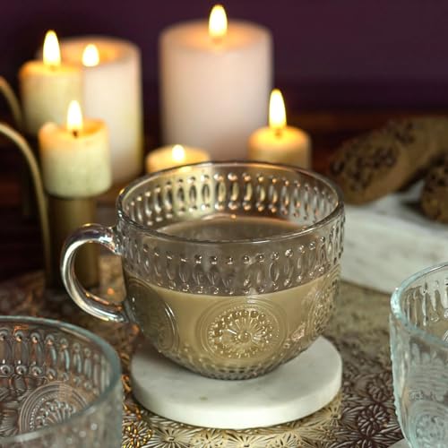 Image of 450 ML Glass Coffee Mug Set, with Convenient Handle, Tea Glasses for Hot /Cold Beverages, Thermal Shock Resistant, Tempered Glass, Mugs for Cappuccino (Flower Mug, 2 Count (Pack of 1))