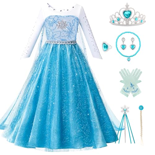 Kitimi Disfraz Elsa Princesa Niña, Elsa Vestido Princesa Niñas de Dibujos Animados con Accesorios de Corona y Varita Peluca, 3 8 Niña Disfraz para Fiesta Cumpleaños Cosplay Carnaval Navidad Halloween
