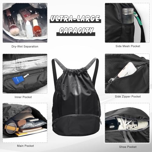 Sports Drawstring Backpack - Waterproof Swim Bag Gym Bag with Shoes Compartment and Dry/Wet Separation Pocket for Women Men Basketball, Sports, Gym, Travel4