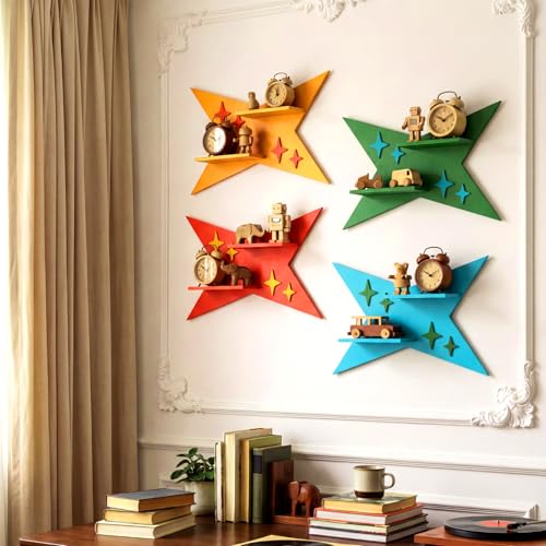 Image of Threehoney Mid-Century Modern Wall Set of 4 Colorful Floating Display Shelves Retro Style Starburst Wall Mounted Shelves Storage for Bedroom, Living Room Decor(Four-Pointed Star)