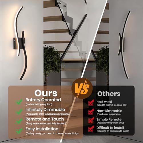 Image of Battery Operated Wall Sconces Set of 2, Dimmable Rechargeable Battery Wall Light with Remote Control, 3000K-6500K LED Black Wireless Wall Sconce for Living Room Bedroom Hallway, 31.5inch (Black)