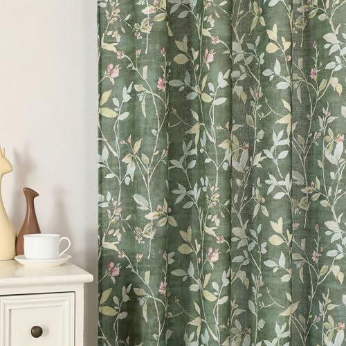 Image of Chyhomenyc Linen Blend Window Curtains 63 Inch Length 2 Panels, Light Filtering Floral Printed Curtain Drapes for Living Room, Rod Pocket Soft Bedroom Curtain Panels, 38Wx63L Inch, Green