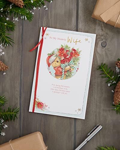 UK Greetings Winnie the Pooh Wife Christmas Card with Envelope - Cute Design Bear and Bouquet, Multi