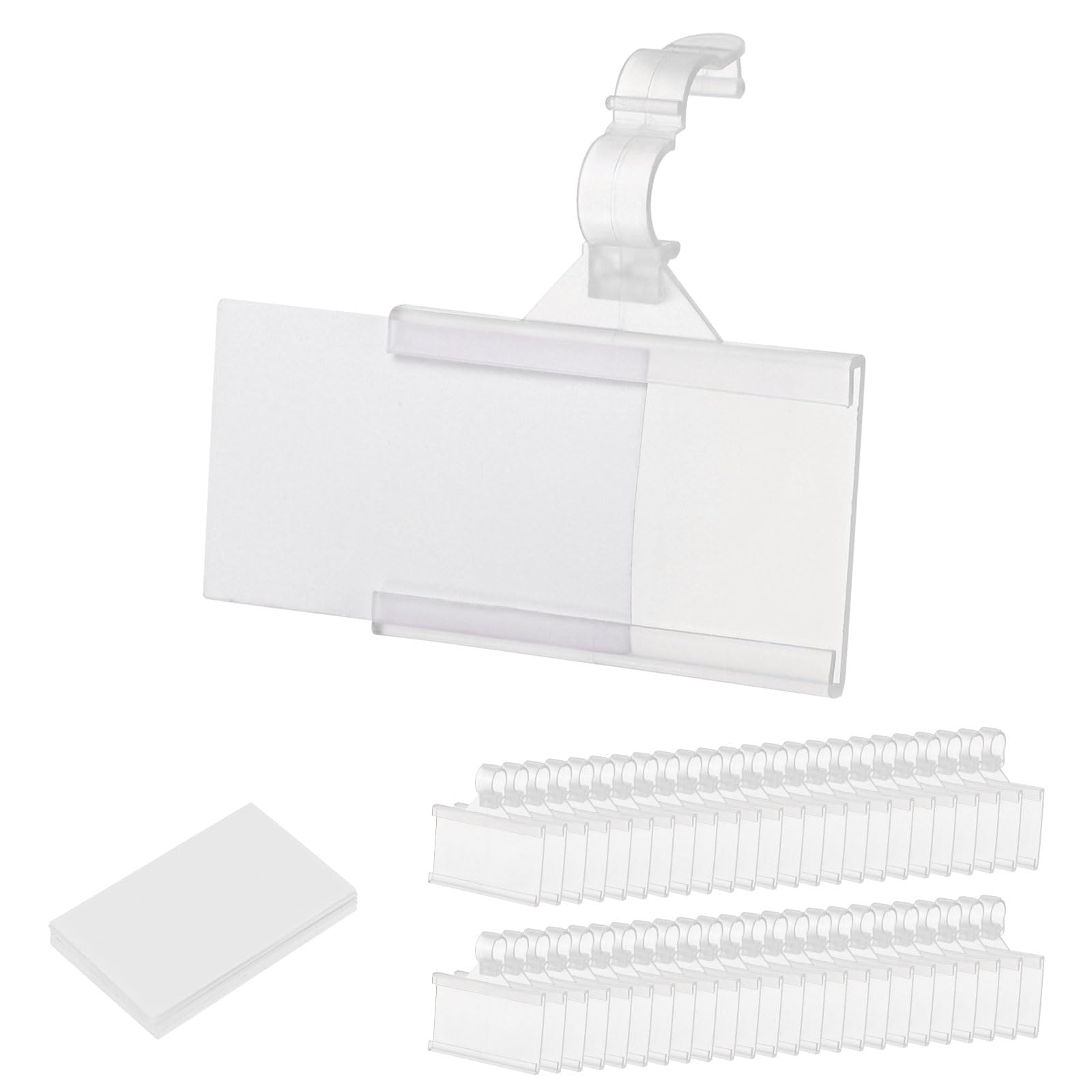 MECCANIXITY Plastic Wire Shelf Label Holders, 2x1.4 Clear Price Tag Holder Reusable Shelf Sign Tags with PVC White Sheet, Double Snap Lock Closure for