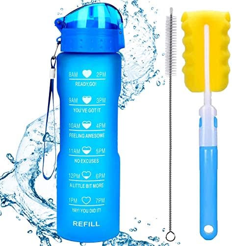 XACIOA 32oz Water Bottle with Straw&Time Markings,Leakproof BPA Free,Ensure You Drink Enough Water Throughout The Day for Fitness and Outdoor Enthusiasts,With Straw and Brush