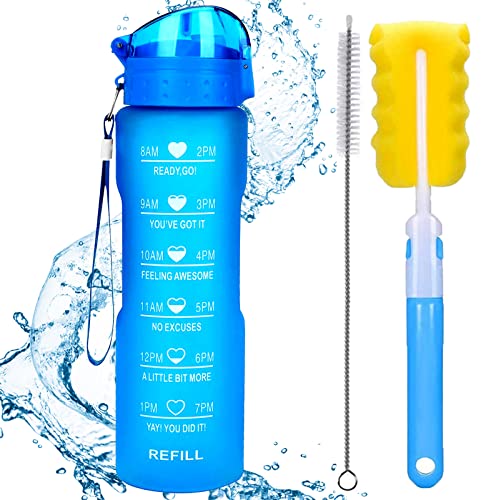 Garrafa de água xacioa 1 l 32 oz com pipeta e marca de hora de excitação, garrafa de bebida desportiva de plástico tritan à prova de fugas, campismo, caminhadas sem BPA