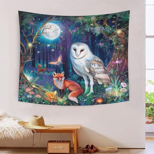 Tapisserie murale hibou blanc 150x200cm en polyester doux pour deco de salon