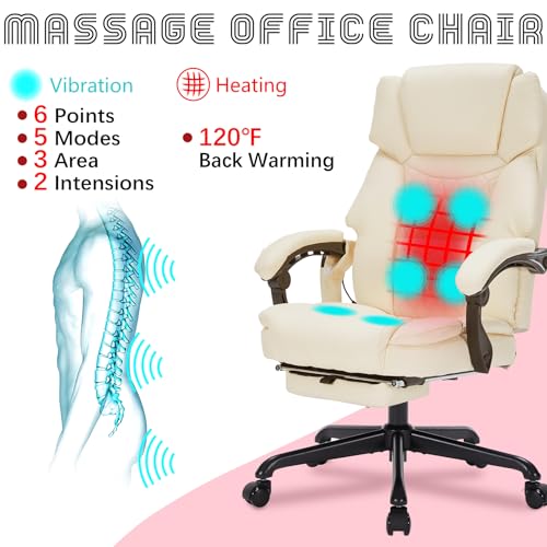 Image of Massage Office Chair with Foot Rest 6 Points Vibration and Heat Home Office Desk Chairs for Heavy People 400lbs Reclining Managerial Chairs Ergonomic Executive Chair (Cream)