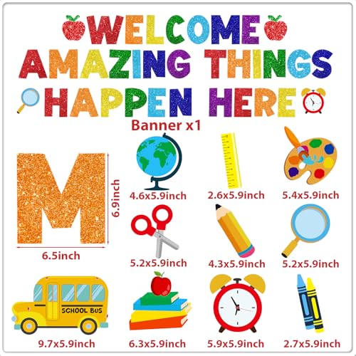 Image of Welcome Amazing Things Happen Here Banner,Welcome Back Banner School Decorations Welcome School Sign for Back to School Classrooms Decor