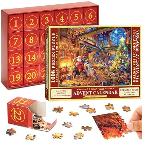 POPOYU Advent Calendar 2024 Christmas Puzzle for Adults Children, Christmas Gifts Christmas Jigsaw Puzzle 1008 Pieces in 24 Boxes, 24 Days Christmas Countdown Calendar for Holiday Home Decoration Cover