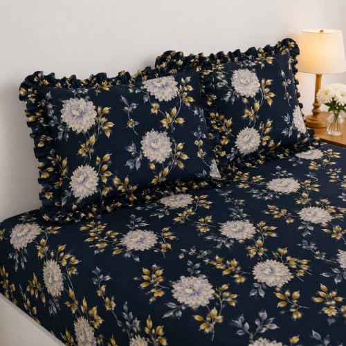 Image of 380 TC Premium Glace Cotton Elastic Fitted Bedsheet King Size with 2 Pillow Covers King Size | Double Bed with All Around Elastic (Black Floral, Fitted Queen-60x78)